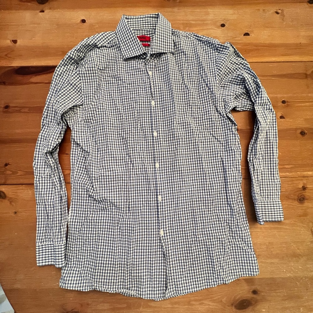 Men’s Hugo Boss Blue & White Checkered Modern Fit Spread Collar 16, 32/33 Shirt